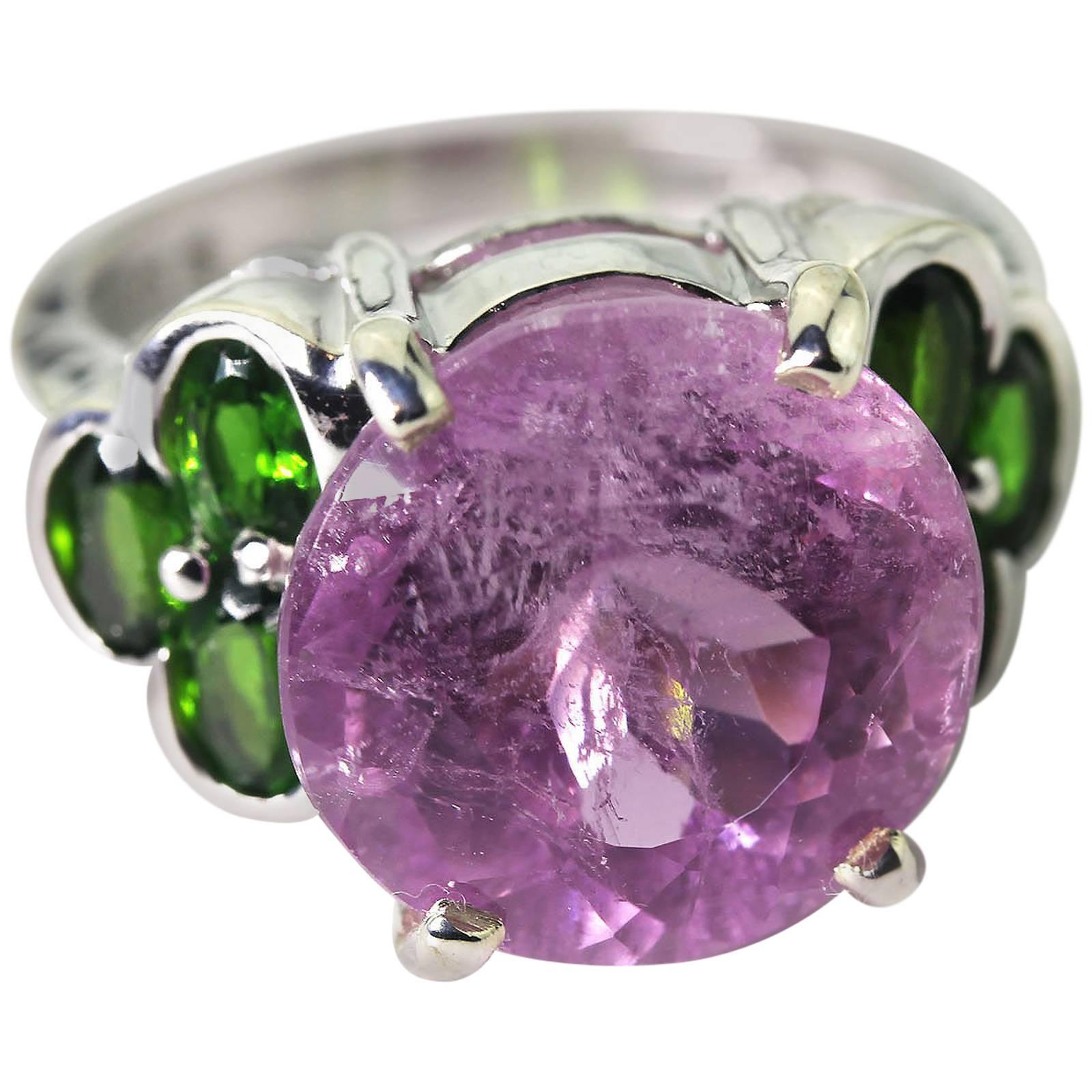 11.82 Carat Sparkling Pink Kunzite + Chrome Diopside Sterling Silver Party Ring