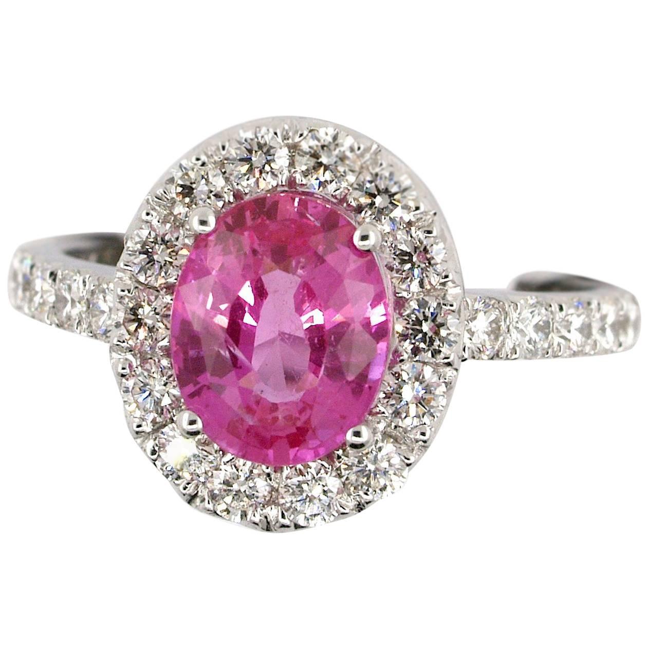 Certified Unheated 2.28 Carat Oval Pink Sapphire Diamond Gold 18 Karat Ring For Sale