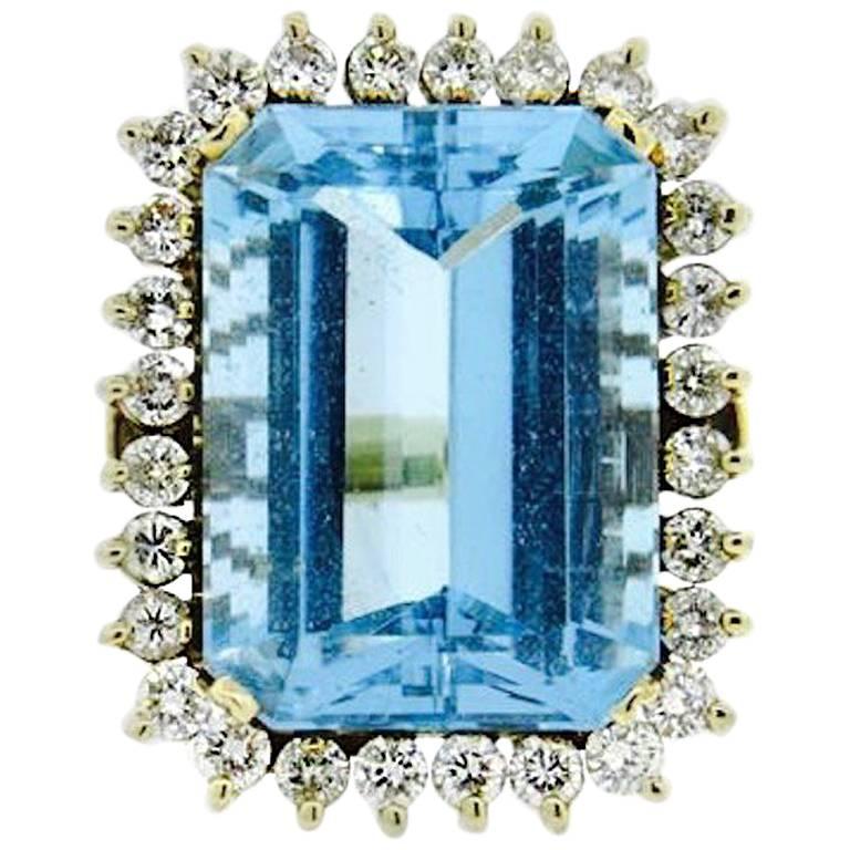 Large 33 Carat Blue Topaz Diamond Cocktail Ring