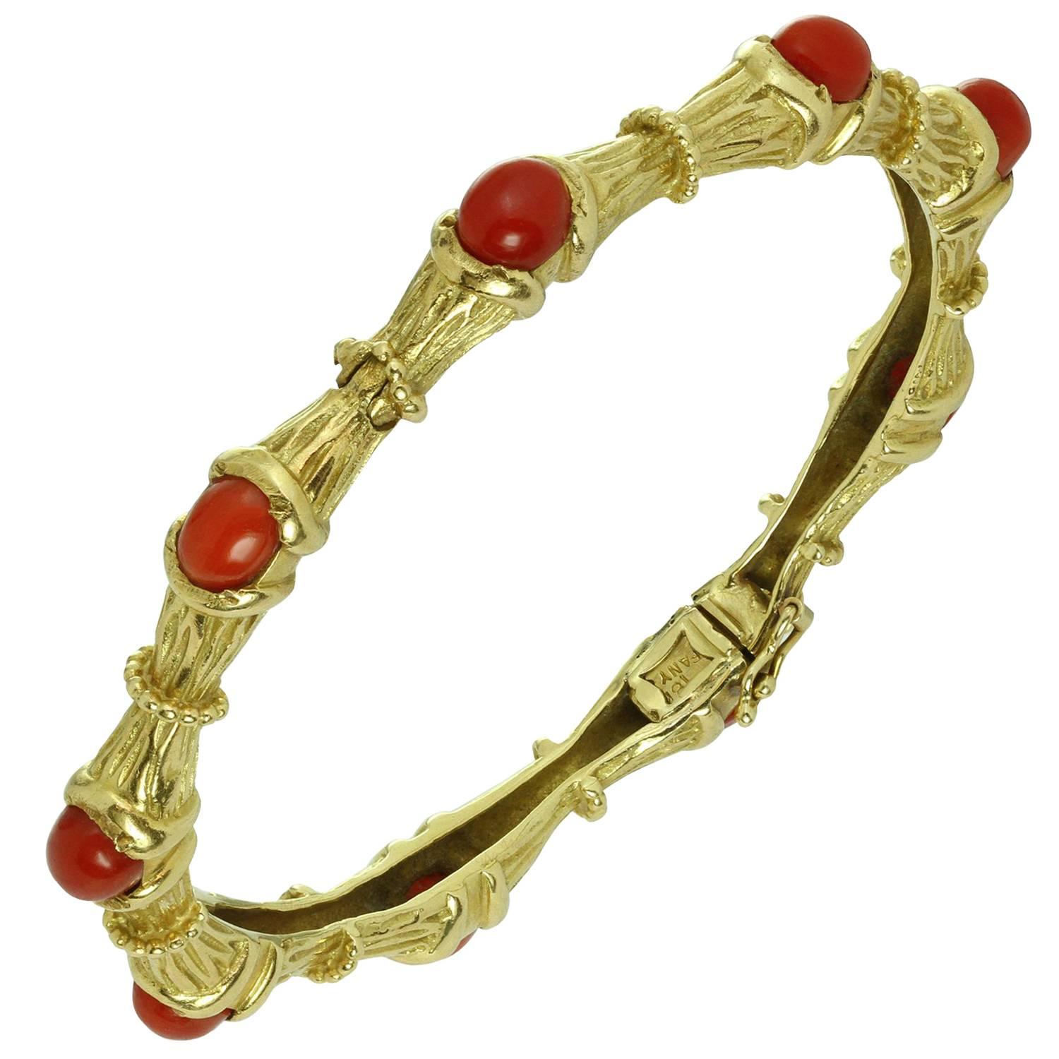Tiffany & Co. Oxblood Coral Gold Bamboo 1960s Bangle Bracelet