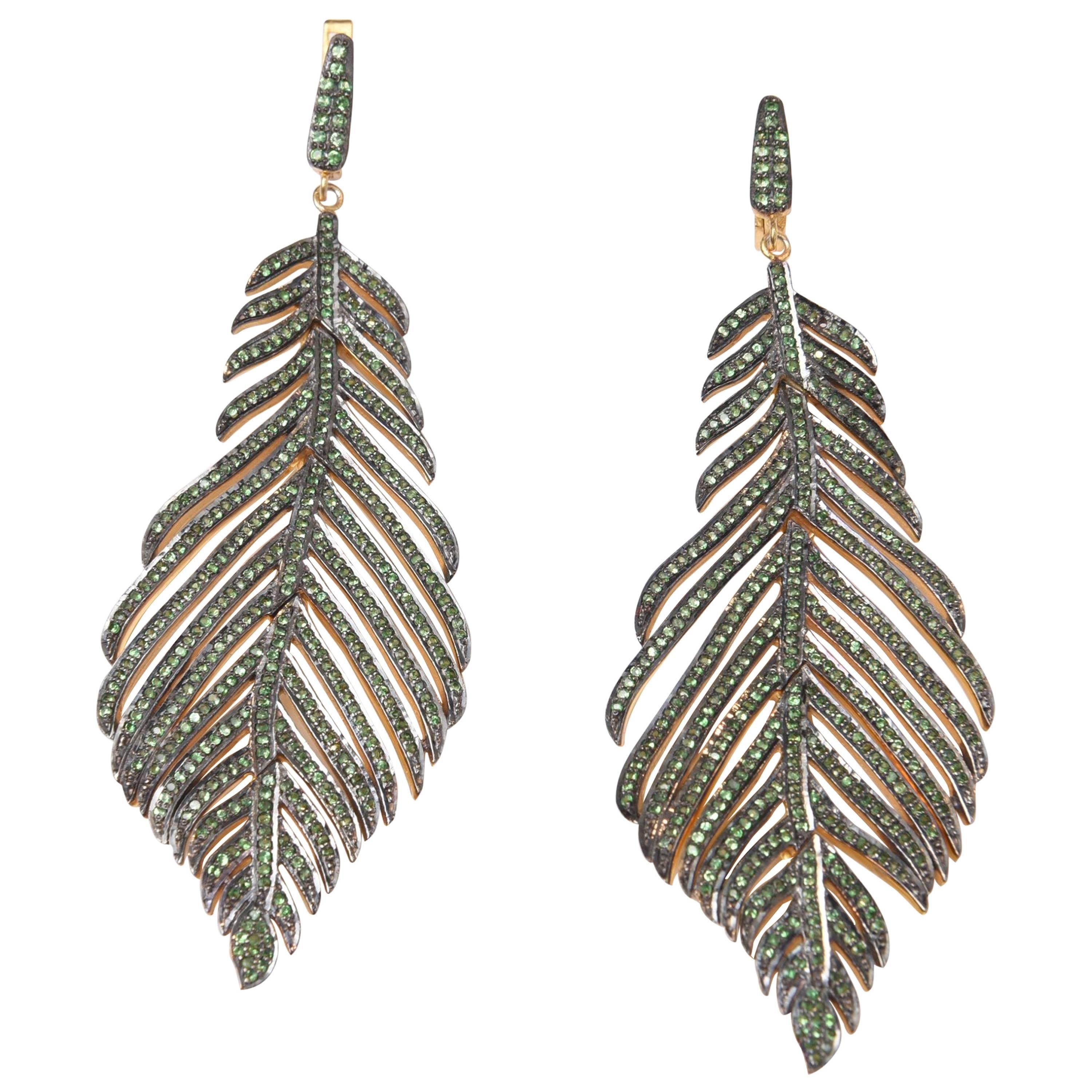 Pave, Set Tsavorite Feather Dangle Earrings