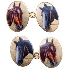 Edwardian Equestrian Enamel Gold Horse Cufflinks