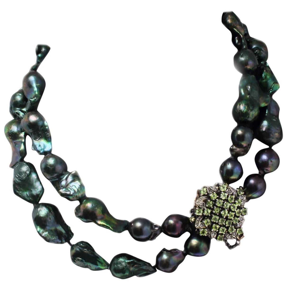 Peridot and Diamonds Clasp, Green Pearl Beaded Necklace