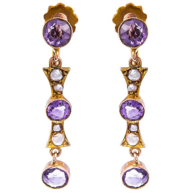 Victorian 9 Carat Gold Amethyst and Split Pearl Earrings For Sale