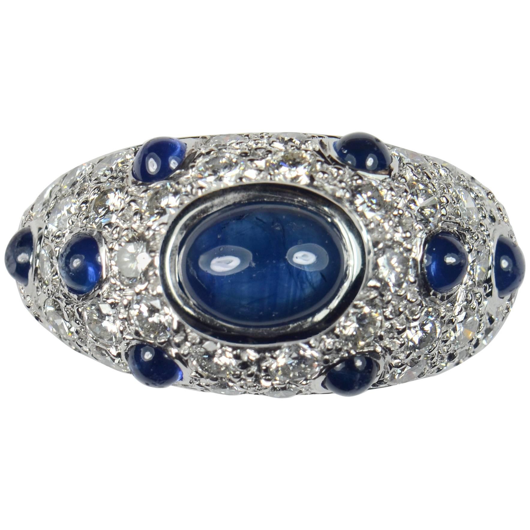 French Sapphire Diamond Bombe Gold Ring, circa 1950 For Sale