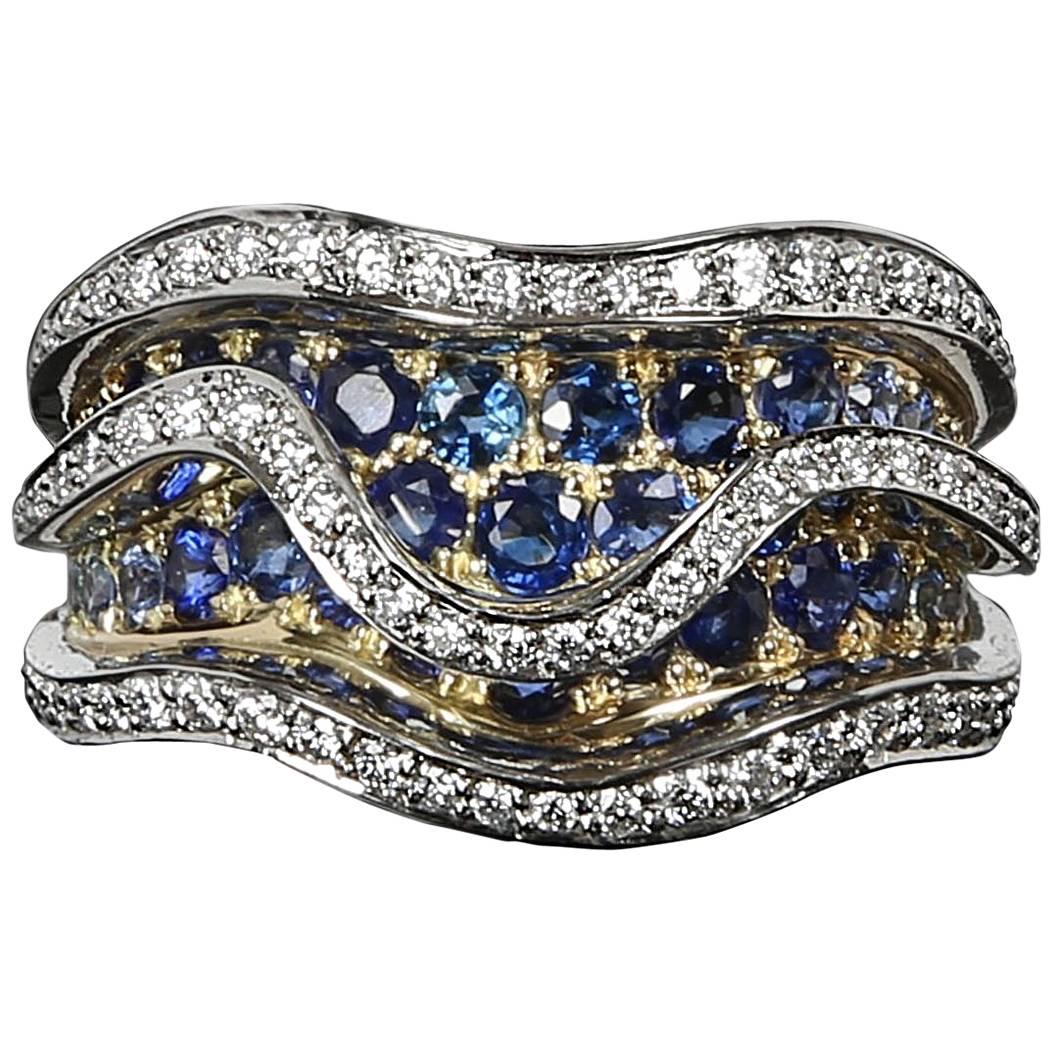 Greg Holland Sapphire Diamond Platinum and Gold Dress Ring For Sale