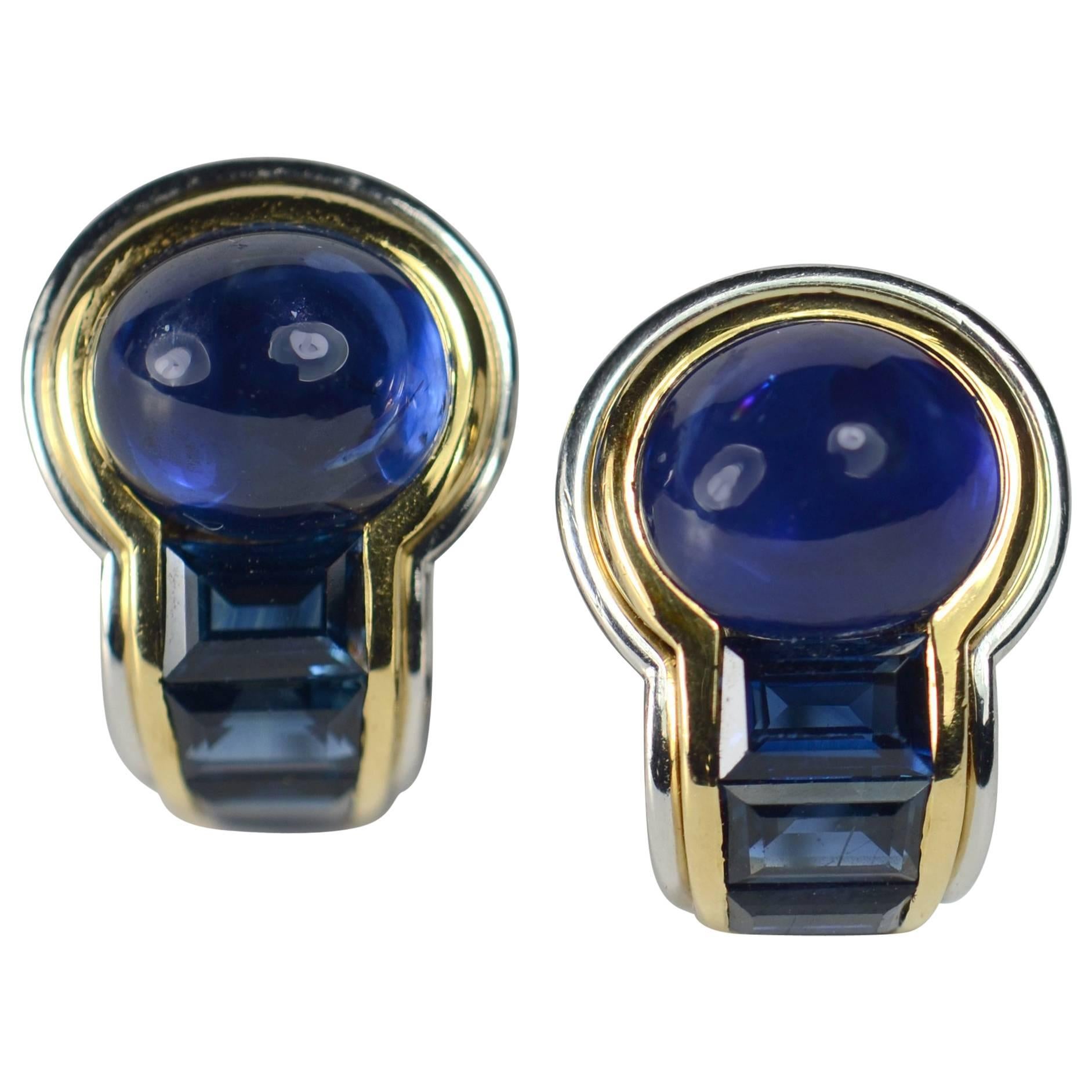 1980s Hemmerle Blue Sapphire Platinum Gold Earrings