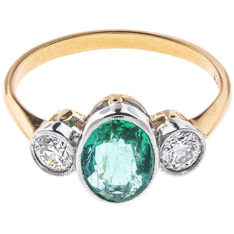 1.10 Carat Emerald and 0.50 Carat Diamond Trilogy Ring