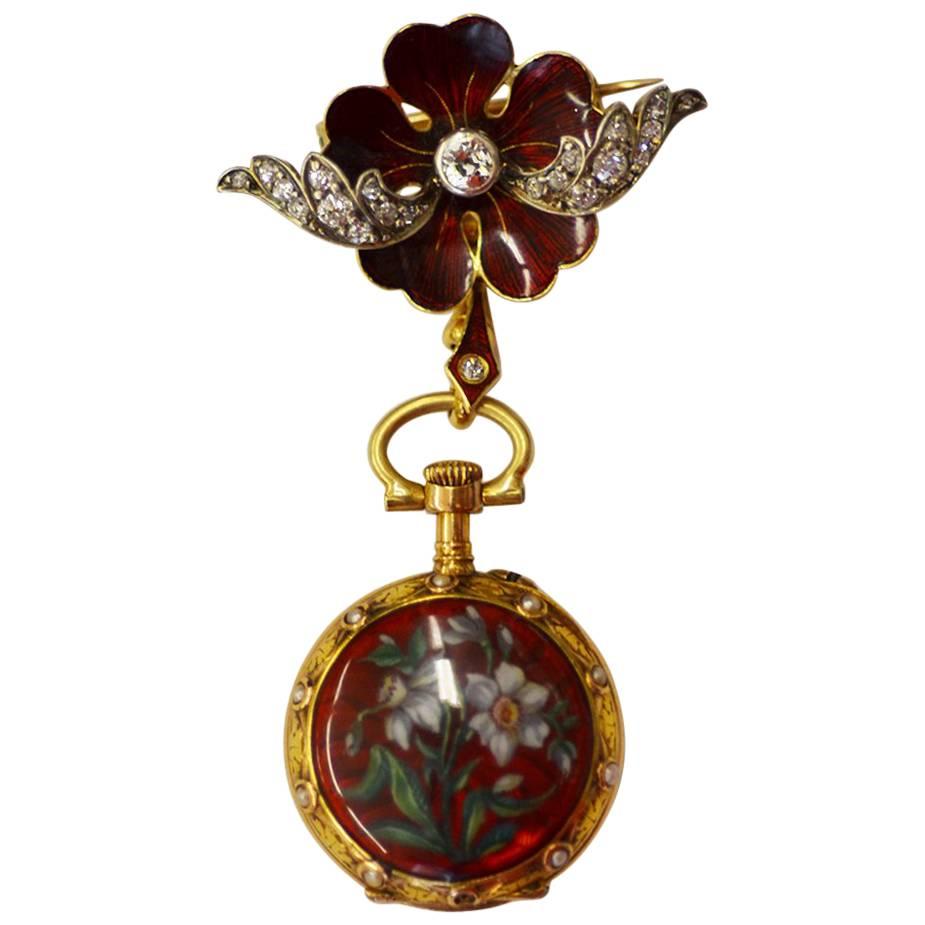 Victorian Yellow Gold Sterling Silver Diamond Enamel Fob Watch, circa 1880 For Sale