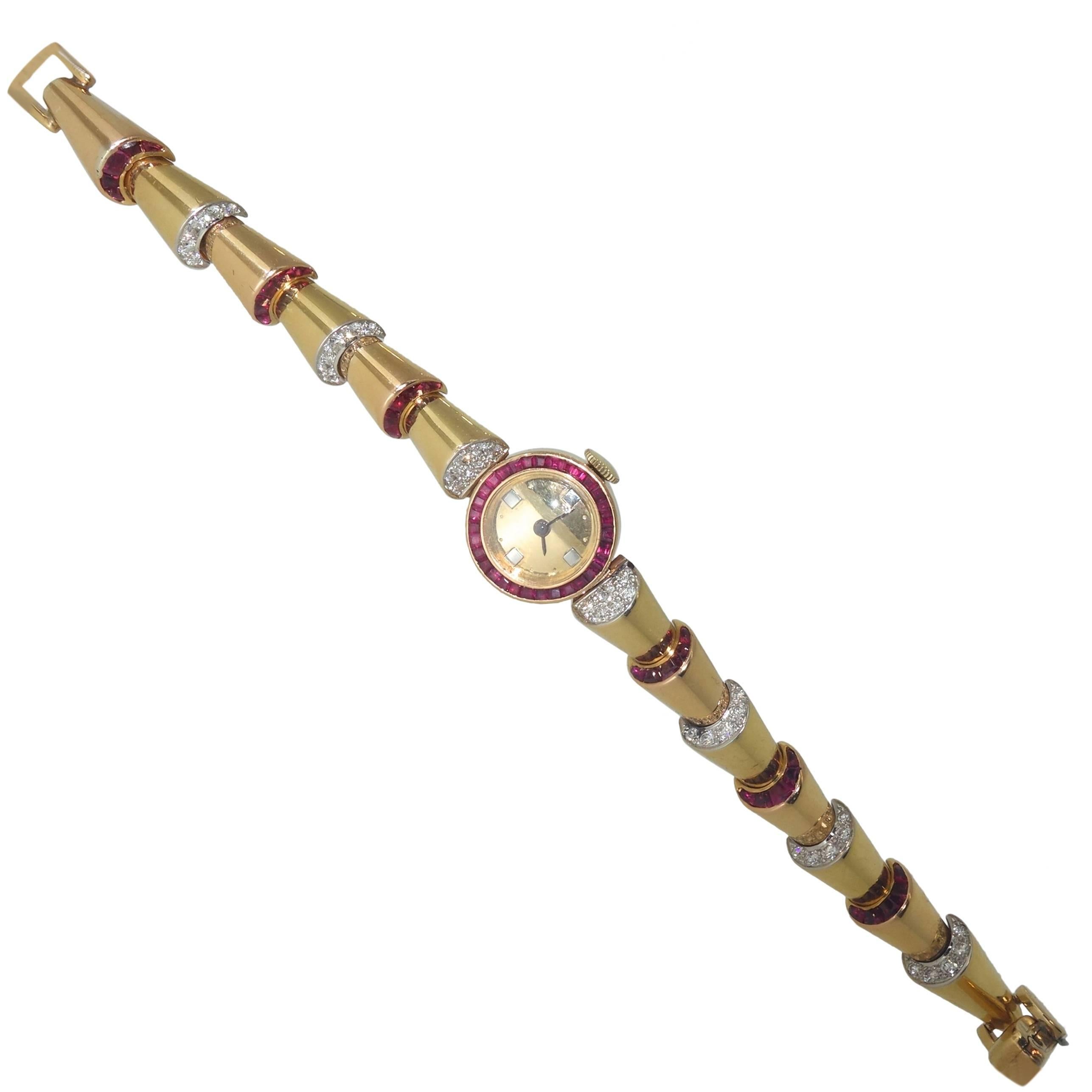 Oscar Heyman Yellow Gold Diamond Ruby Retro Bracelet Wristwatch, circa 1950