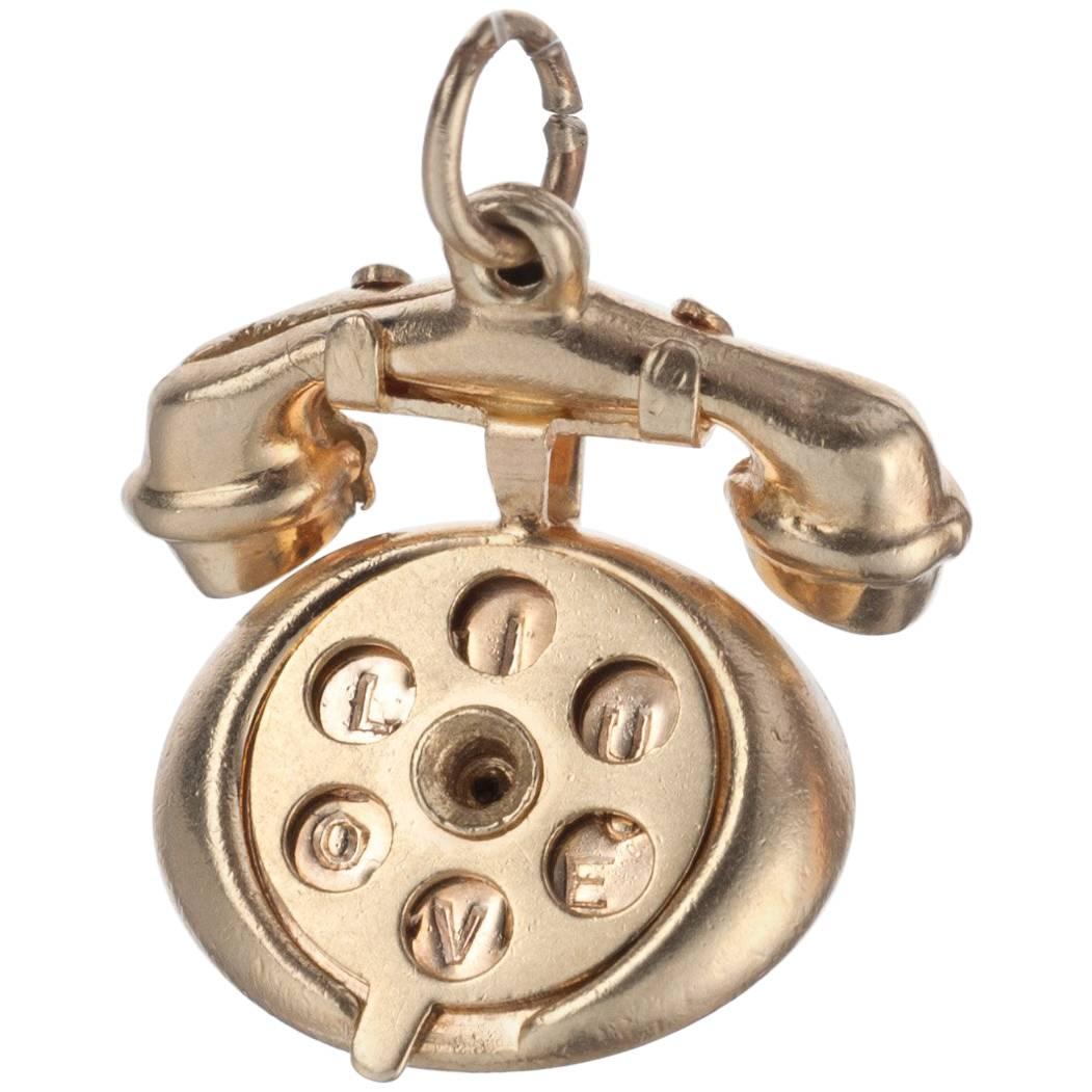 Rotary Telephone Charm in 14 Karat Yellow Gold For Sale