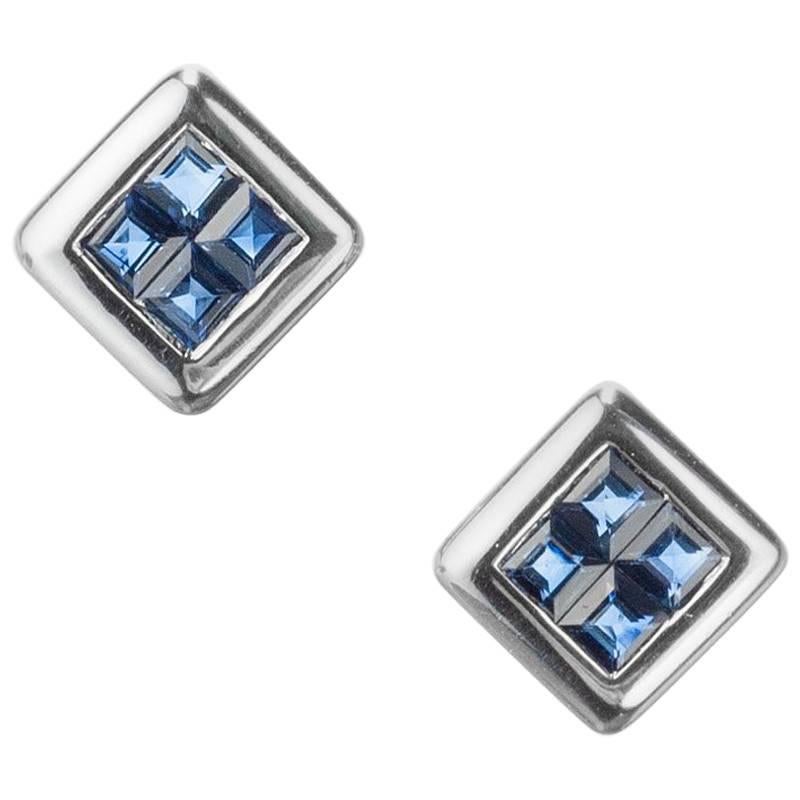 Invisible Set Sapphire Stud Earrings in 18 Karat White Gold