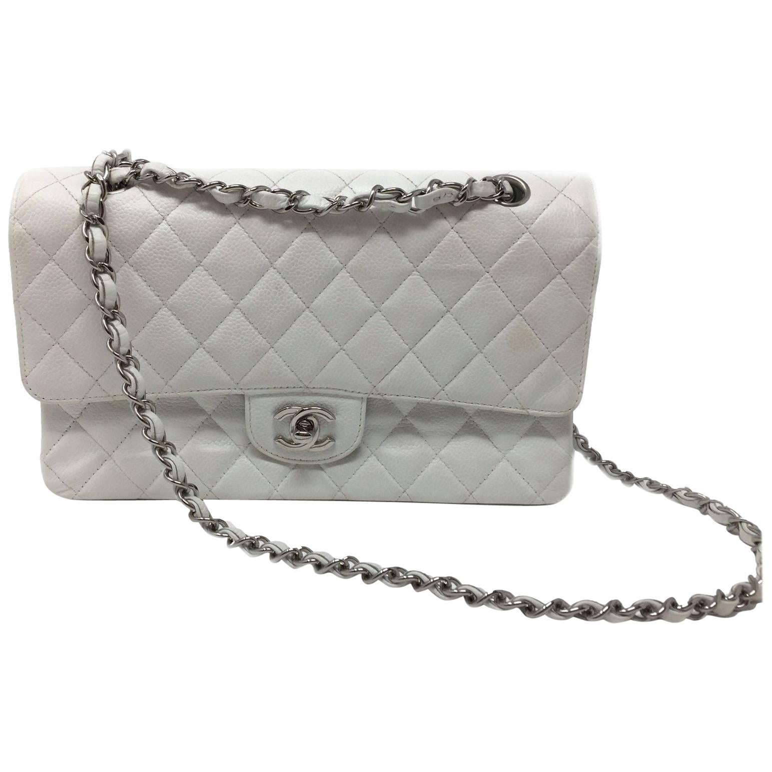 Chanel Classic Double Flap Bag Caviar White Quilted Leather Medium For Sale
