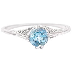 Art Deco Aquamarine Solitaire Filigree Ring in 18 Karat White Gold