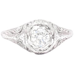 Antique Hand Engraved Art Deco 0.50 Carat Diamond Ring in 18 Karat White Gold