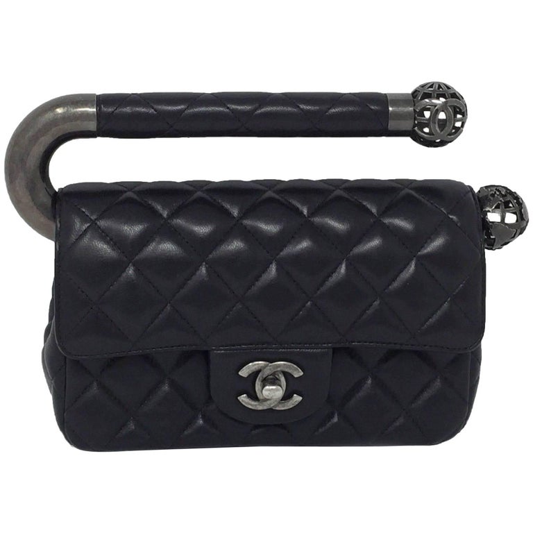 Chanel Black Leather Classic Flap Bag with Metal Handle, Around the World  For Sale at 1stDibs