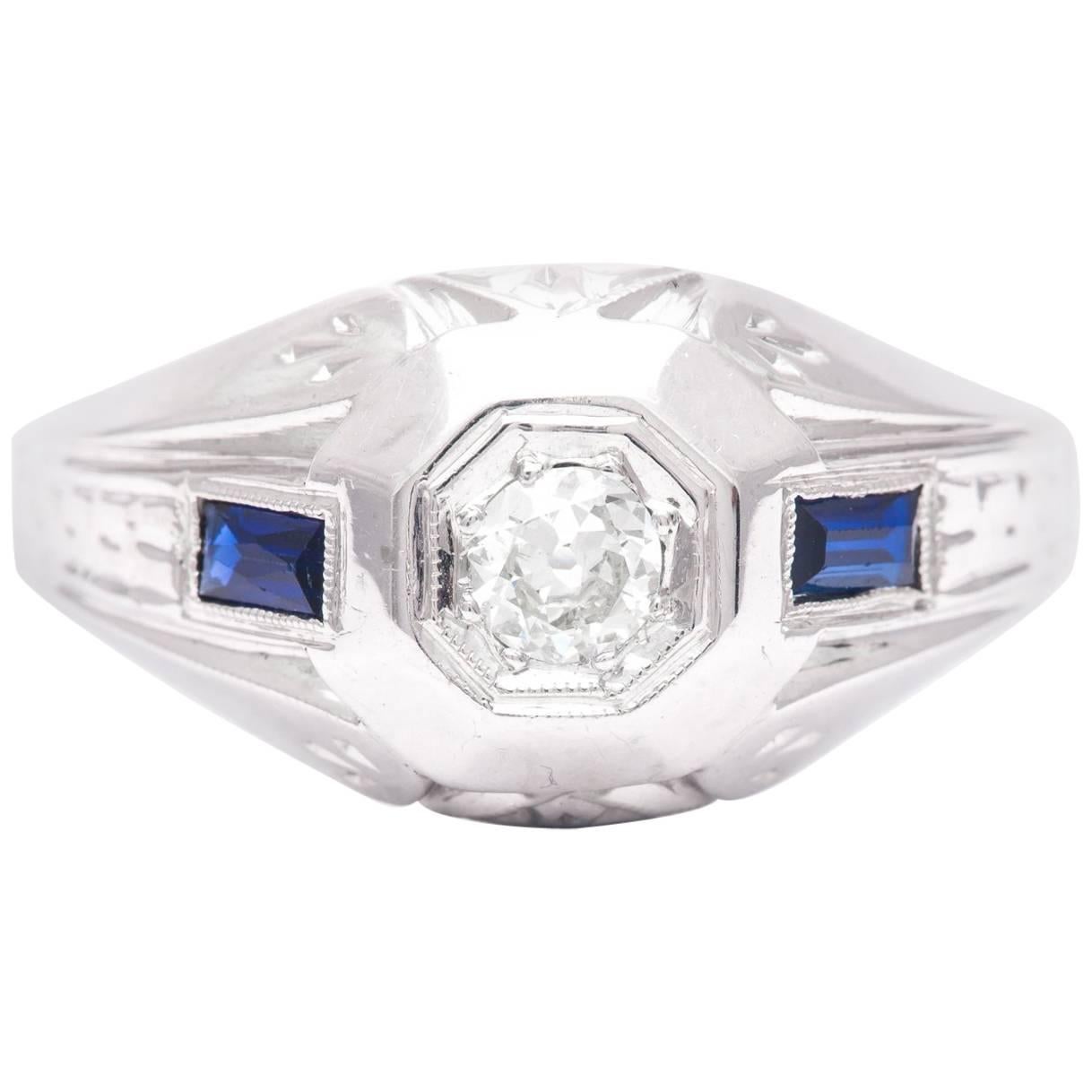 Art Deco Mens Diamond and Sapphire Ring in 18 Karat White Gold For Sale