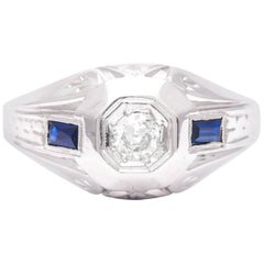 Antique Art Deco Mens Diamond and Sapphire Ring in 18 Karat White Gold