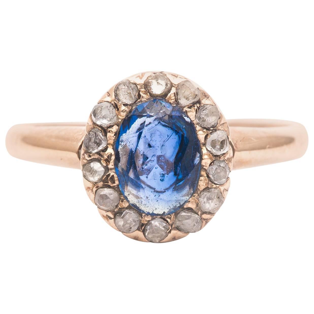 Victorian Sapphire and Rose Cut Diamond Ring in Yellow Gold For Sale