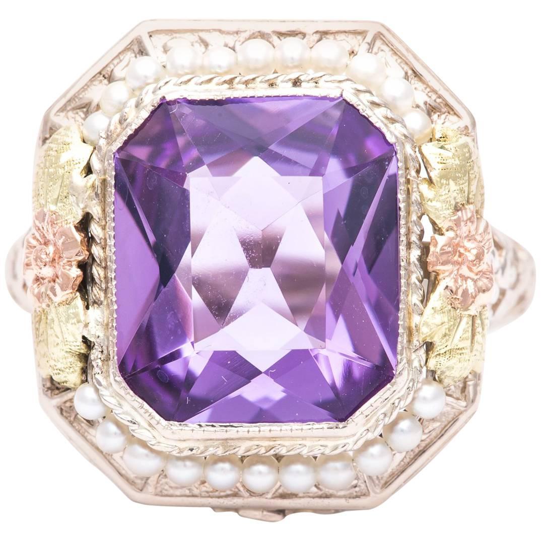 Art Deco Floral Tri Color Gold Amethyst and Pearl Ring For Sale