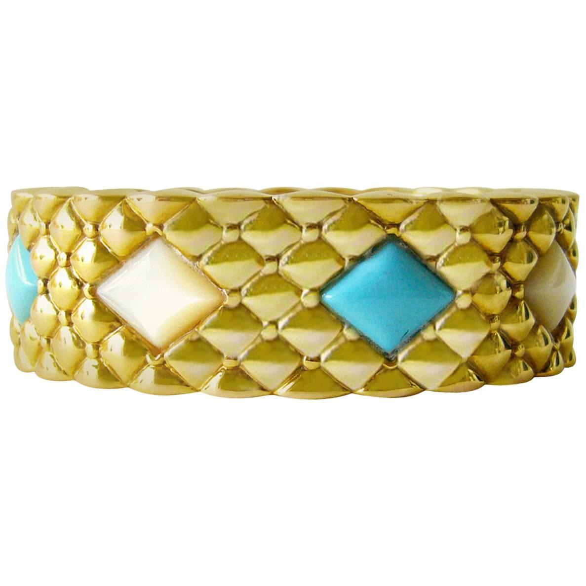 Italian Turquoise Mother-of-Pearl Gold Hinged Bracelet