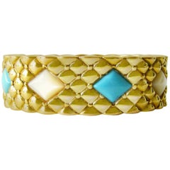 Vintage Italian Turquoise Mother-of-Pearl Gold Hinged Bracelet