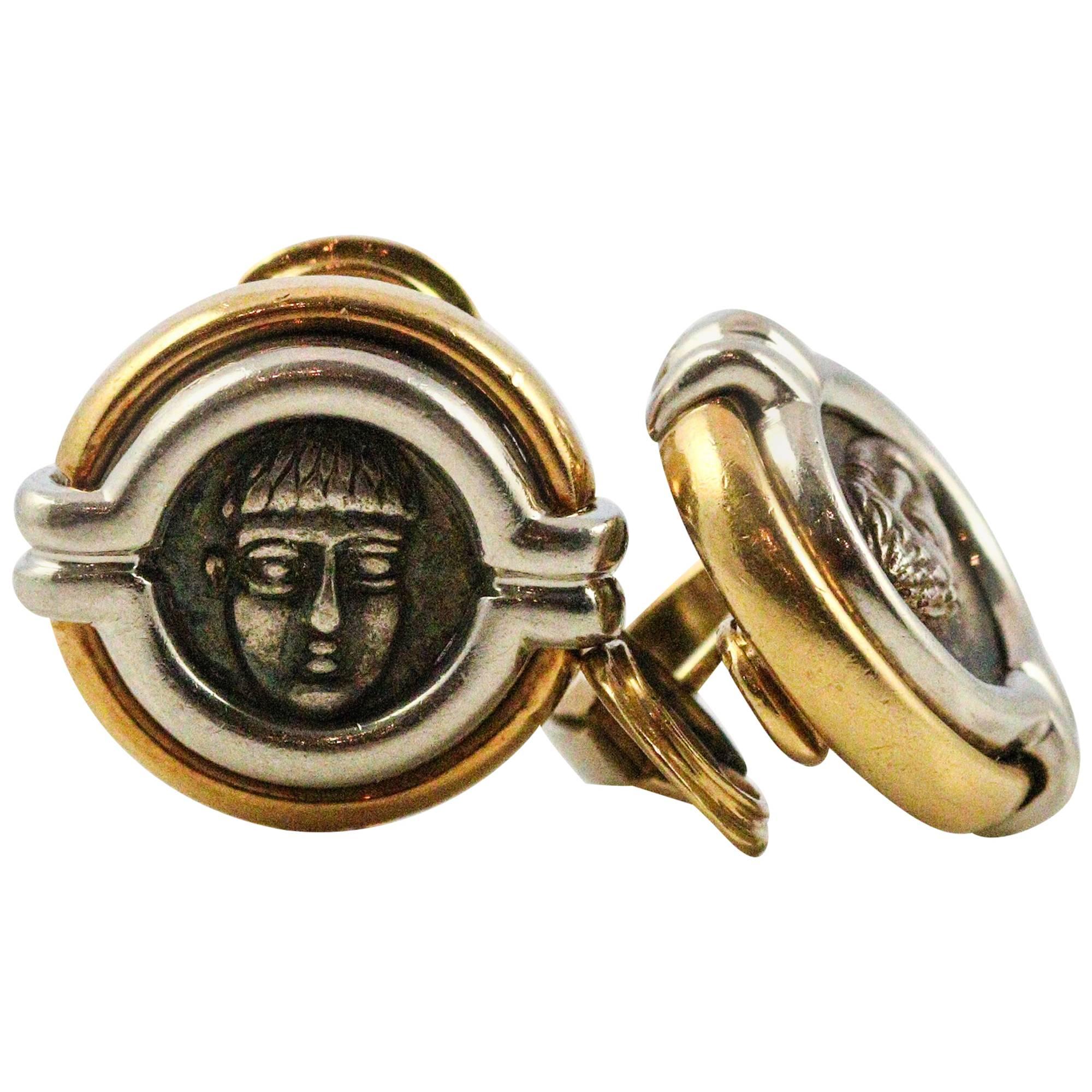 Bulgari White and Yellow Gold Ancient Coin Stud Earrings