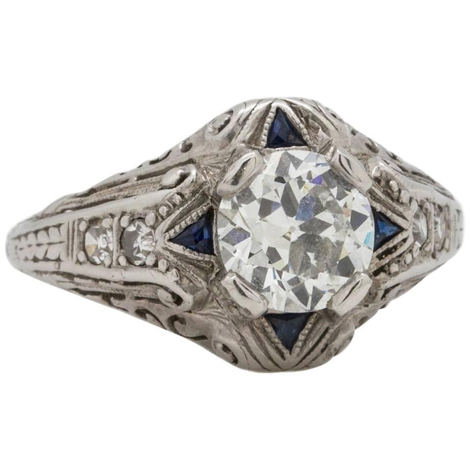 1920s Art Deco Diamond Sapphire Platinum Engagement Ring 0.89 Carat, E-SI2 For Sale