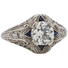 Antique 1920s Art Deco Diamond Sapphire Platinum Engagement Ring 0.89 Carat, E-SI2