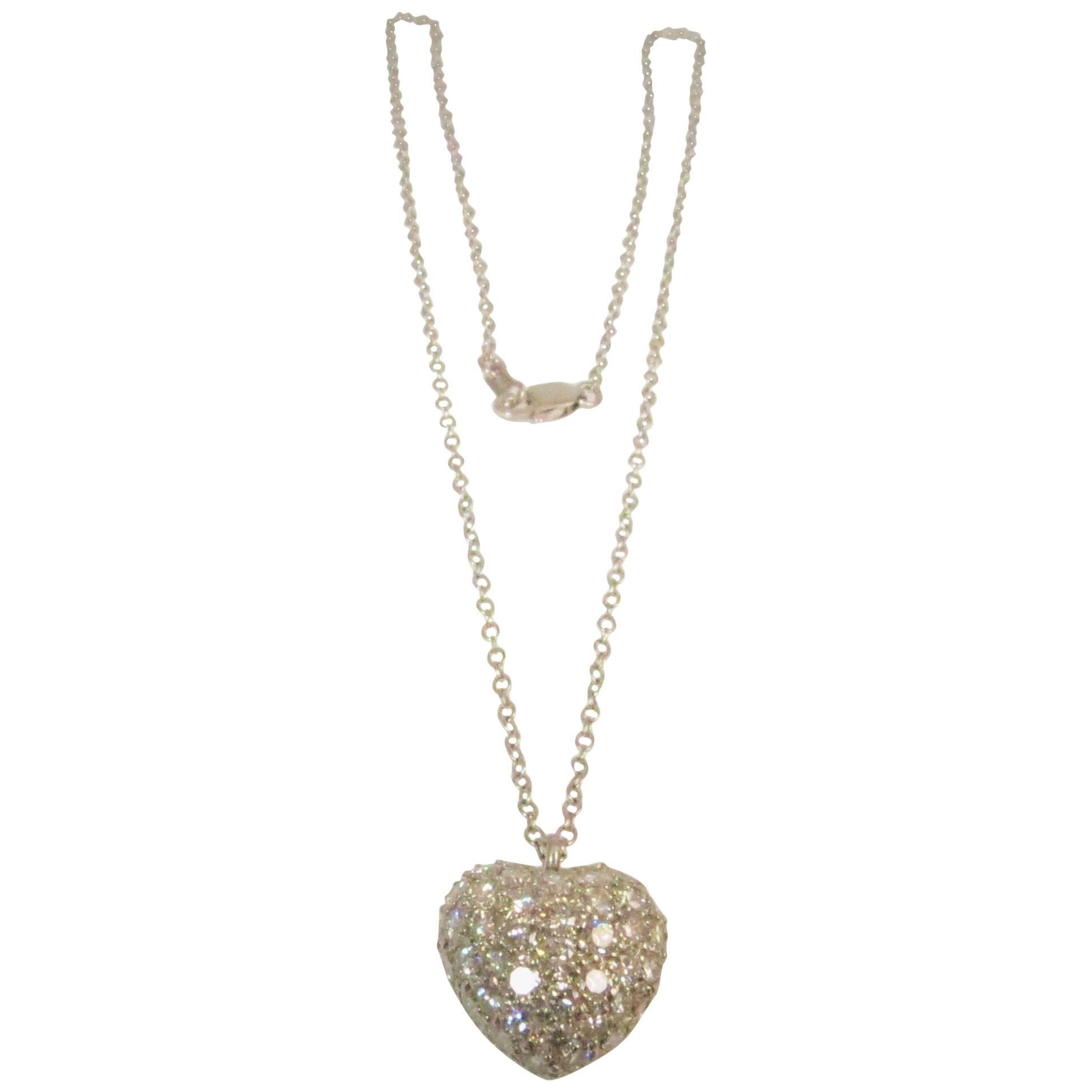 18 Karat White Gold Diamond Pave Heart Pendant For Sale