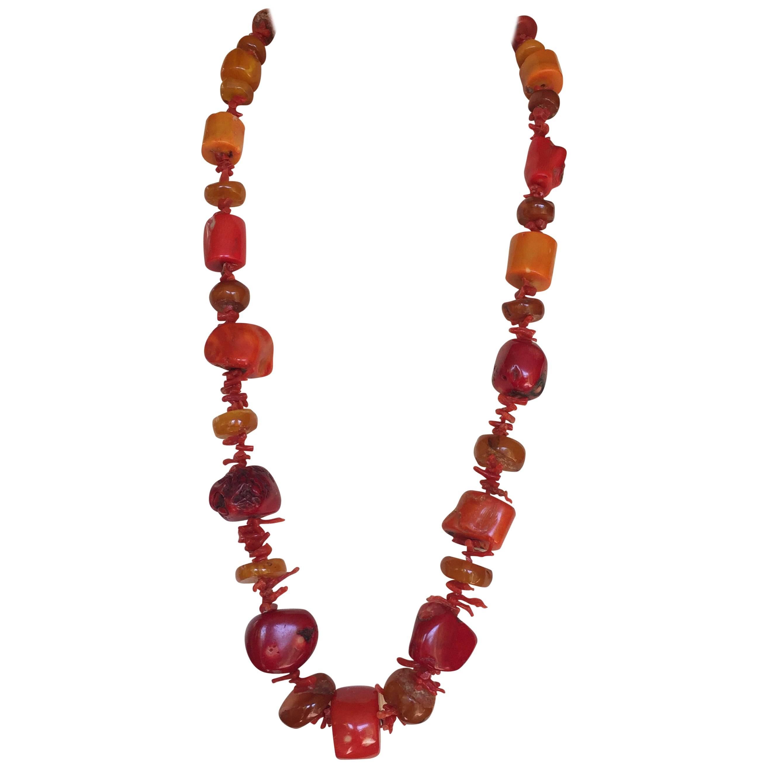 Large Coral Amber Necklace Gold Clasp by Marina J