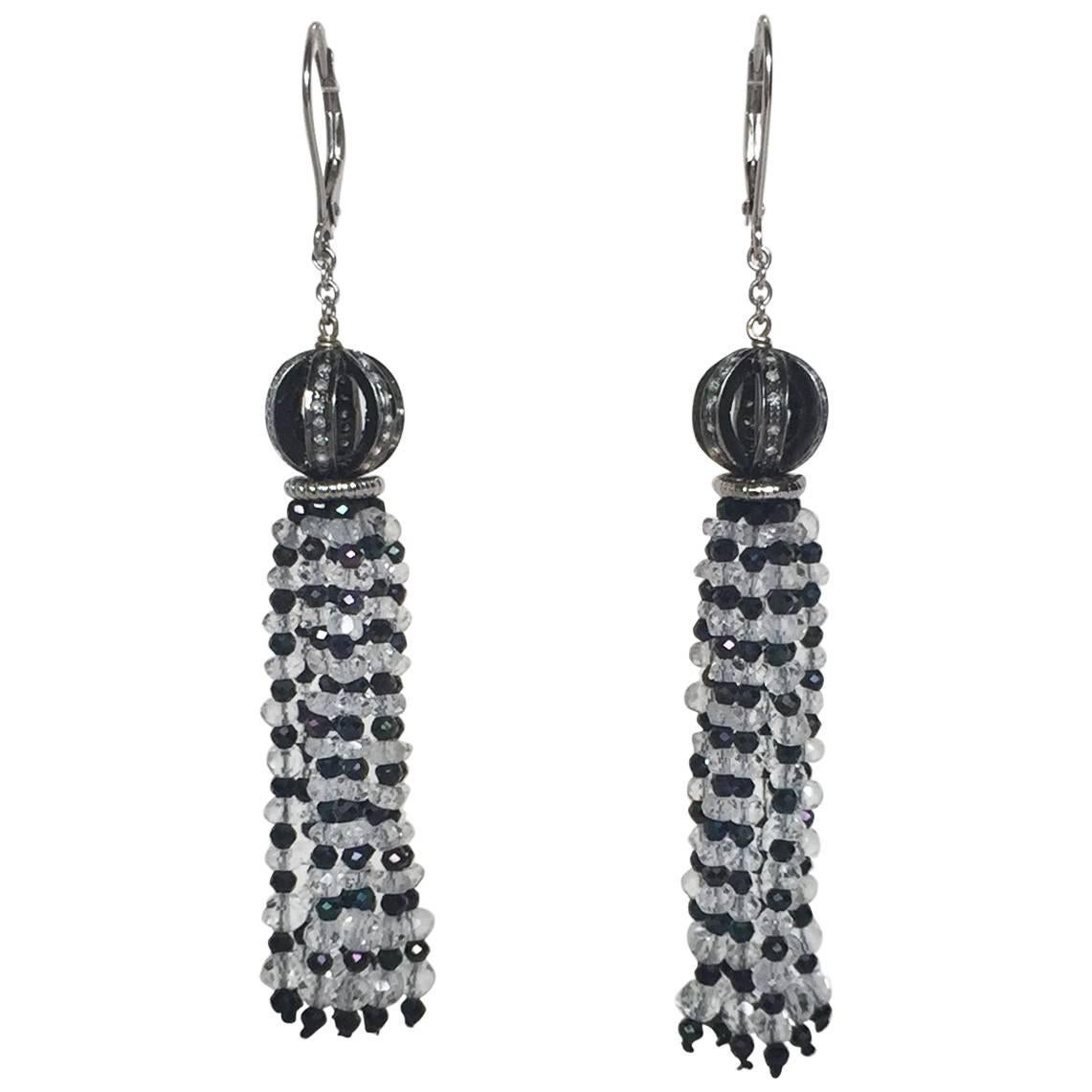 Diamond Encrusted Ball Earrings with Quartz and Black Spinel Tassels by Marina J