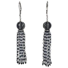 Diamond Encrusted Ball Earrings with Quartz and Black Spinel Tassels by Marina J