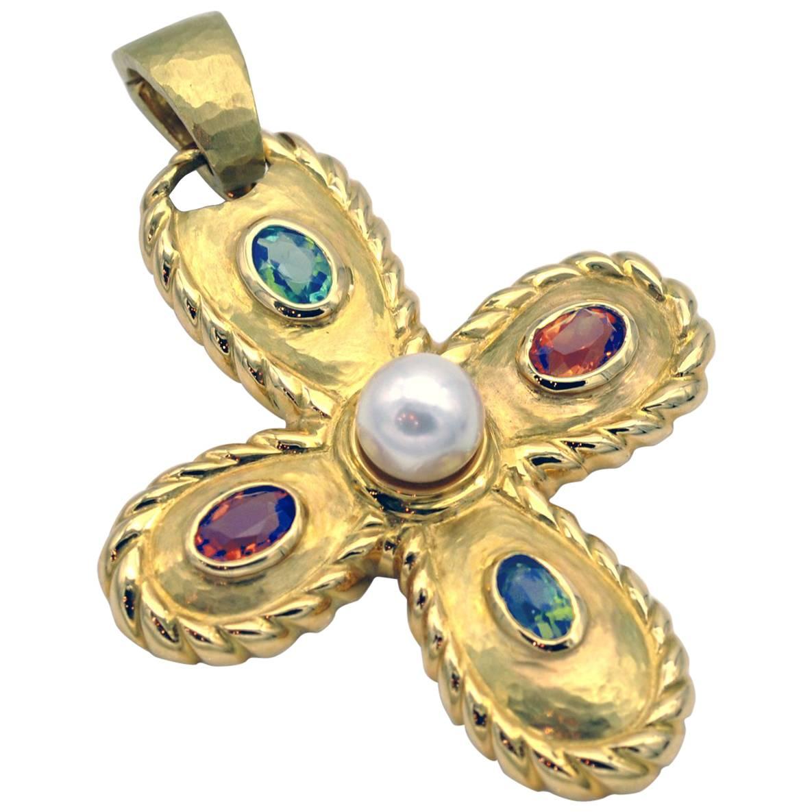Pearl Tourmaline Citrine Gold Cross Shaped Pendant