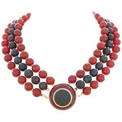 Retro Trianon Heliotrope Carnelian Bead Gold Necklace Brooch