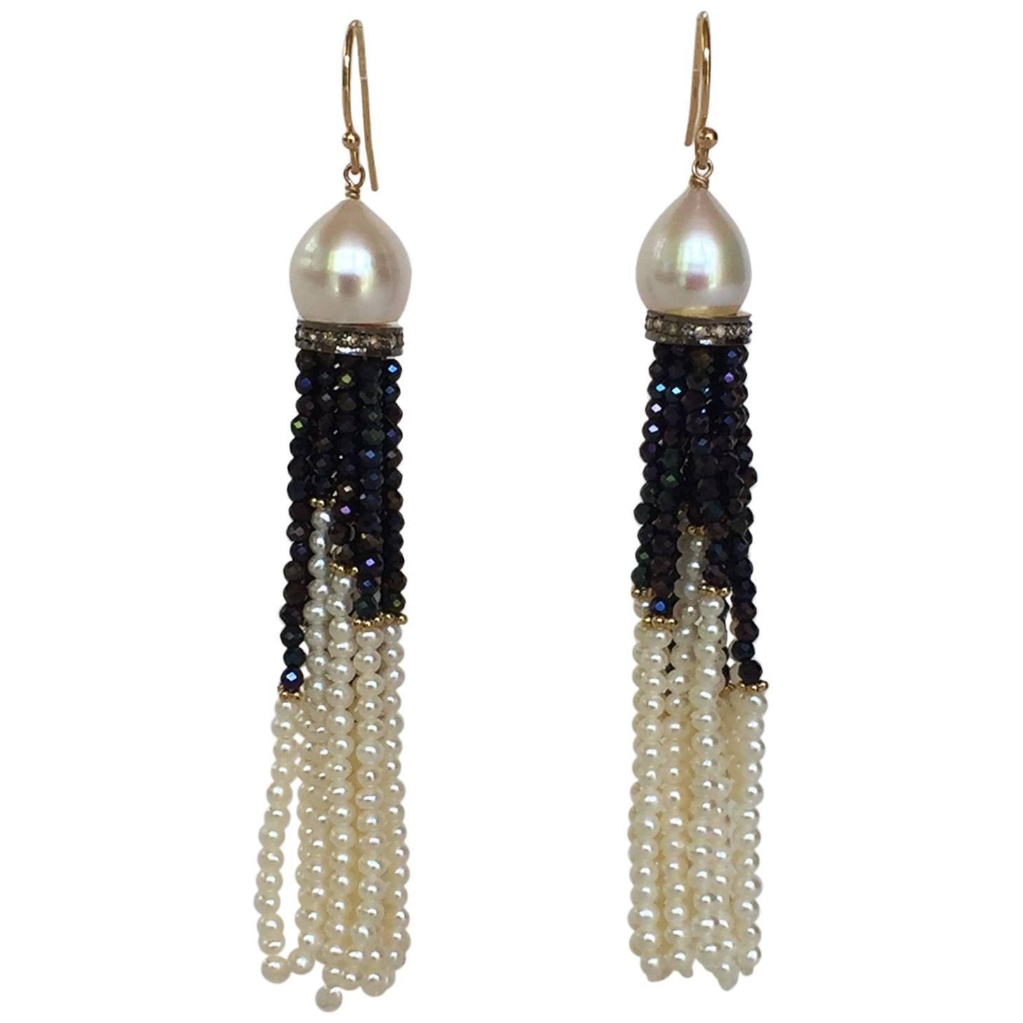 Pearl, Black Spinel and Gold Dangle Earrings by Marina J