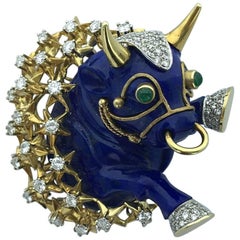 David Webb Taurus Lapis Lazuli Diamond Gold Brooch Pendant
