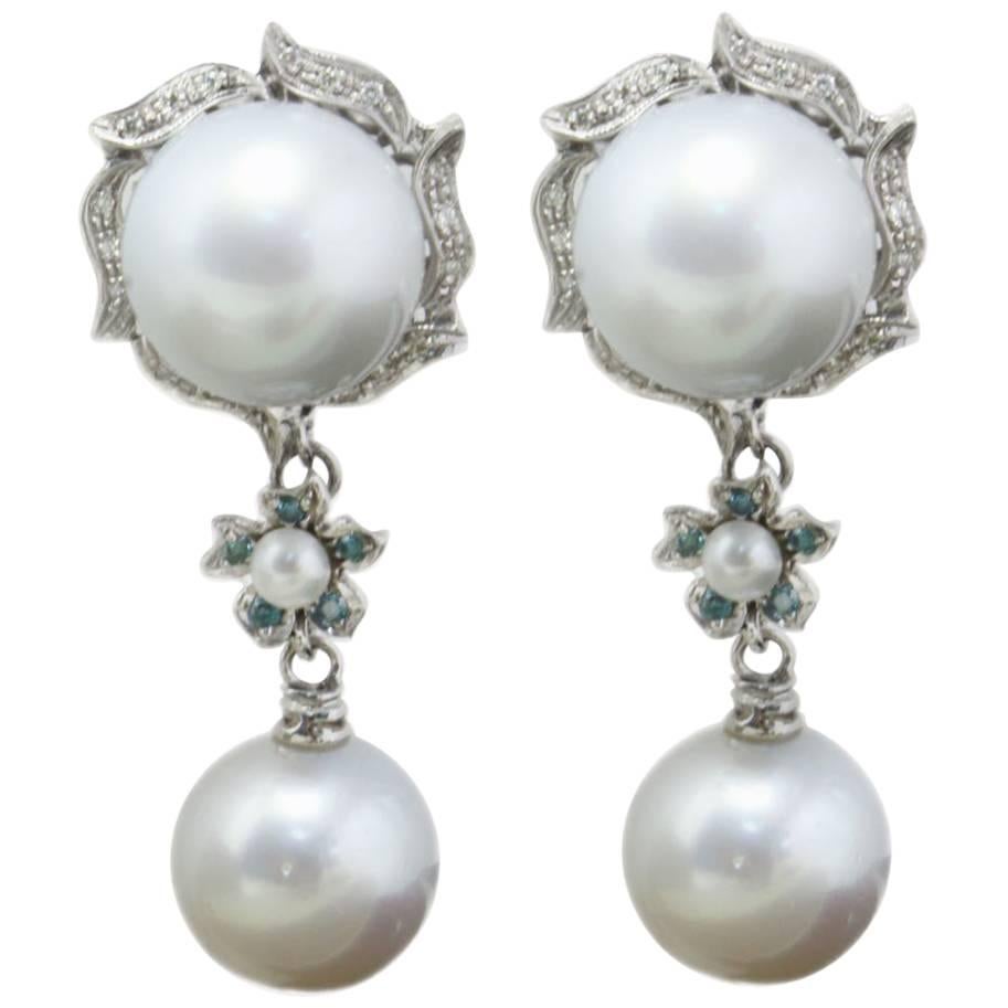0.38 ct White and Green Diamonds, 12.02 g Big australian Pearls Gold Earrings