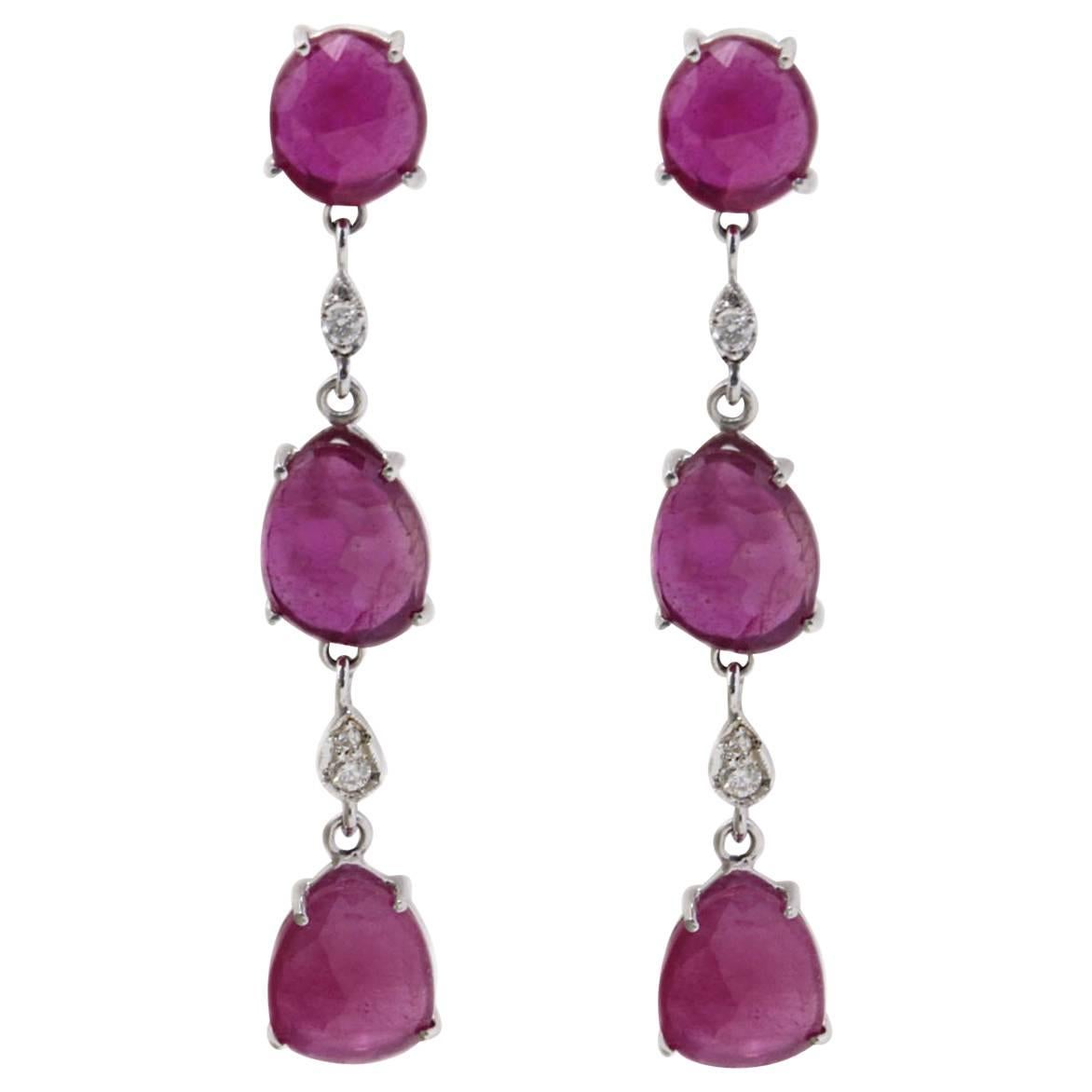 0.19 ct Diamonds and 12.65 ct Rubies White Gold Dangle Earrings