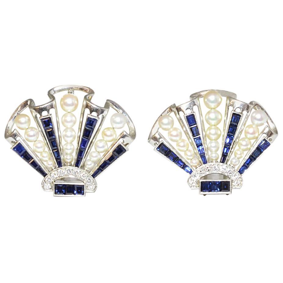 Art Deco Sapphire Pearl Diamond Scallop Dress Clips