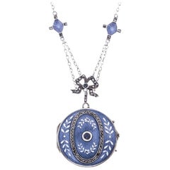 Edwardian Silver Sapphire and Marcasite Blue Enamel Locket