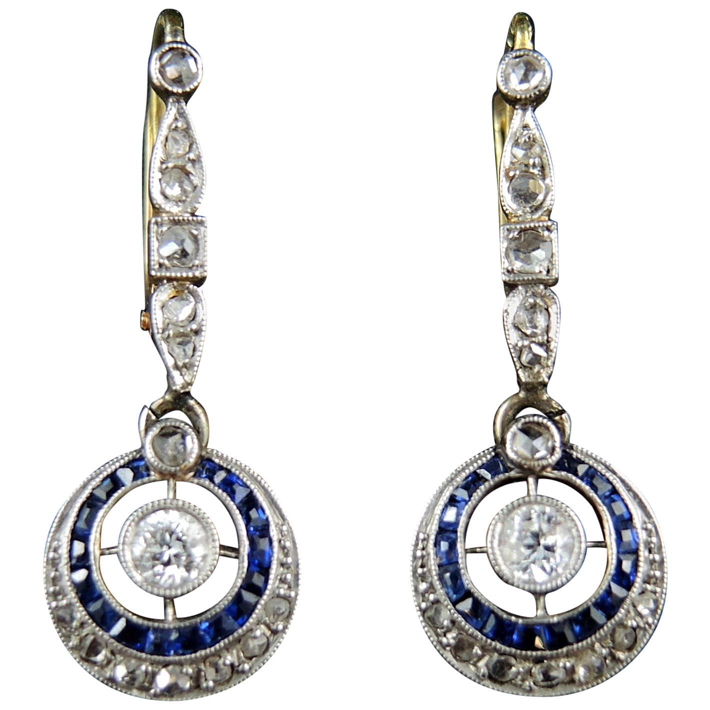 Art Deco Antique French Earrings with Diamonds and Sapphires, circa 1920