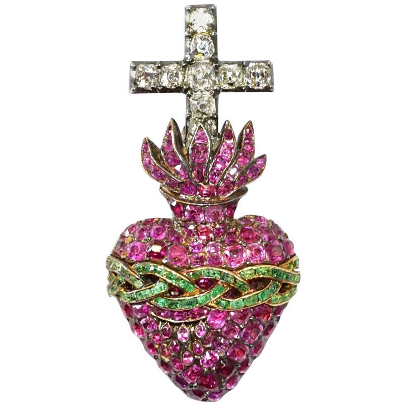 Antique Portuguese Sacred Heart Brooch For Sale