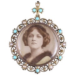 Antique Victorian Turquoise Pearl Gold Picture Pendant Locket, circa 1900