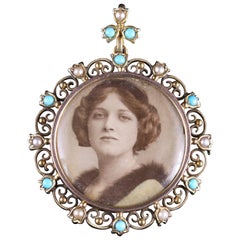 Antique Victorian Turquoise Pearl Gold Picture Pendant Locket, circa 1900 2