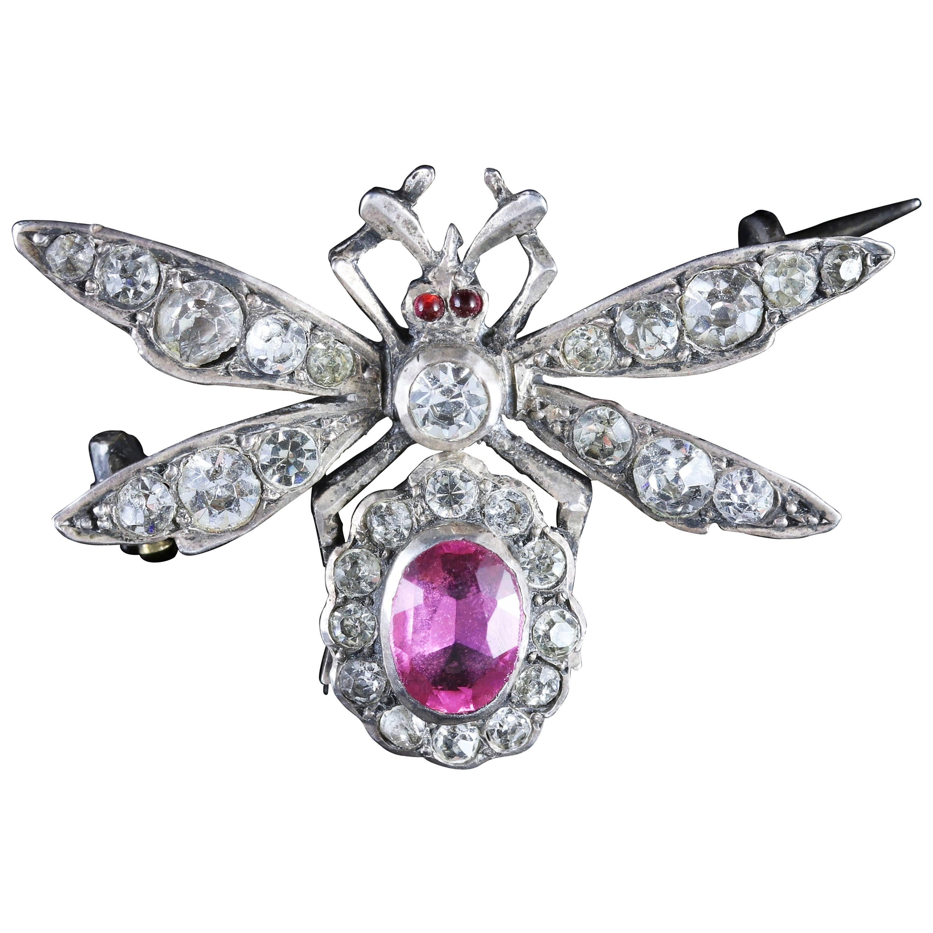 Antique Victorian Pink Paste Silver Insect Brooch, circa 1900