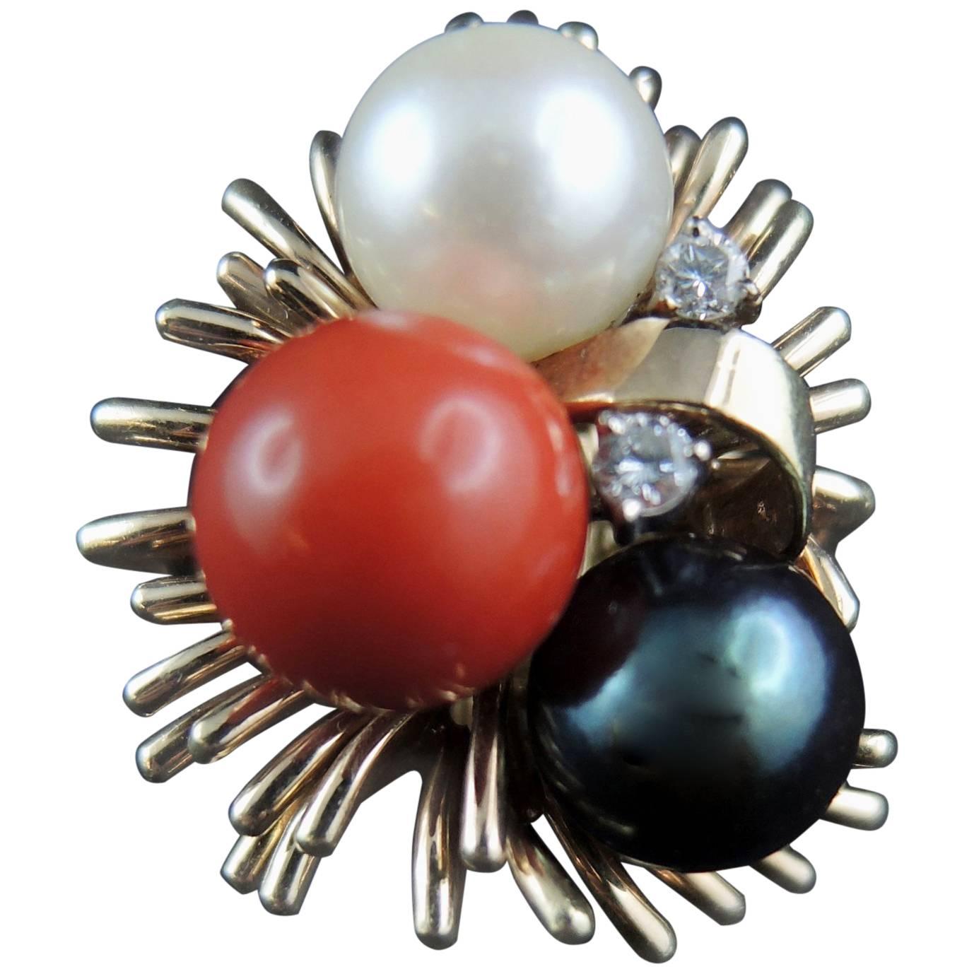 Cocktail Ring Set with Diamonds, Coral and Pearls, circa 1970