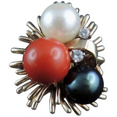Cocktail Ring Set with Diamonds, Coral and Pearls, circa 1970 Cocktail Ring Set with Diamonds, Coral and Pearls, circa 1970