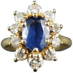 French Gold Engagement Cluster Ring with Sapphire and Diamonds, circa 1980