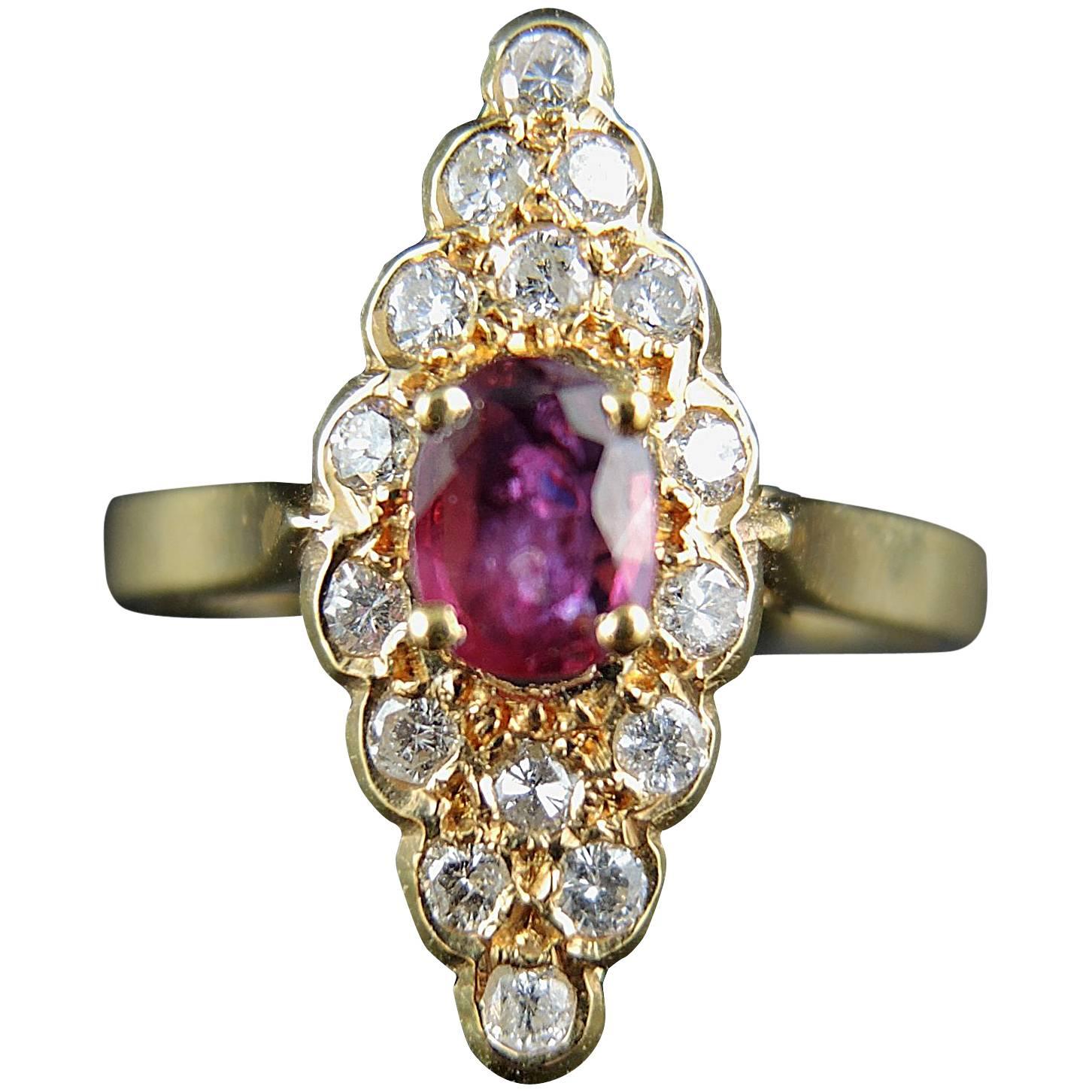French Gold Navette Ring with Ruby and Diamonds, circa 1980 For Sale